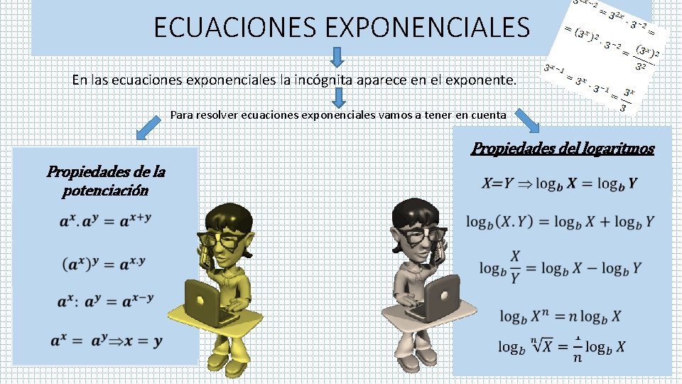 ECUACIONES EXPONENCIALES En las ecuaciones exponenciales la incógnita aparece en el exponente. Para resolver
