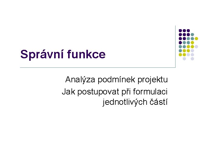 Správní funkce Analýza podmínek projektu Jak postupovat při formulaci jednotlivých částí 