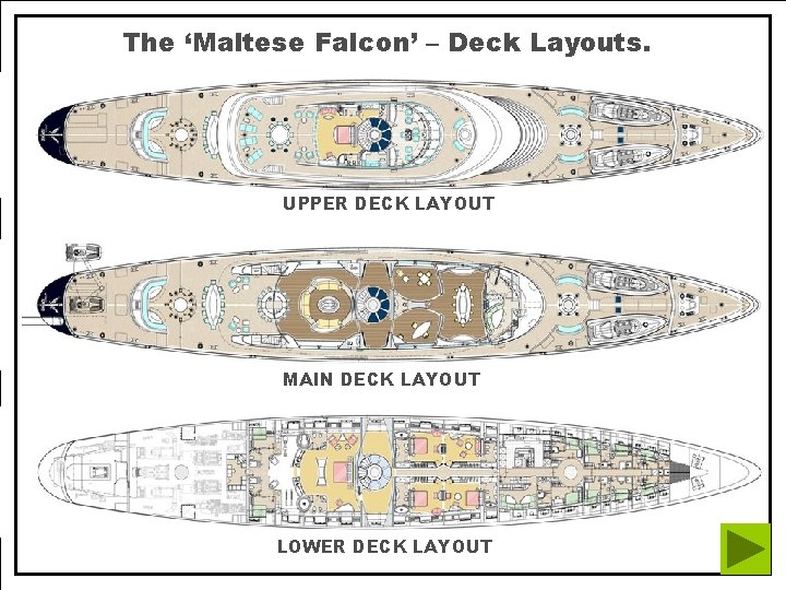 The ‘Maltese Falcon’ – Deck Layouts. UPPER DECK LAYOUT MAIN DECK LAYOUT LOWER DECK