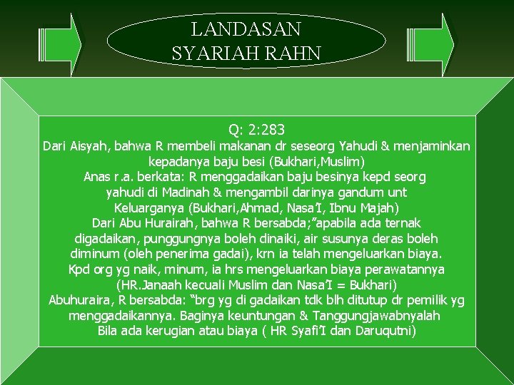 LANDASAN SYARIAH RAHN Q: 2: 283 Dari Aisyah, bahwa R membeli makanan dr seseorg