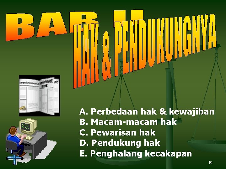 A. Perbedaan hak & kewajiban B. Macam-macam hak C. Pewarisan hak D. Pendukung hak