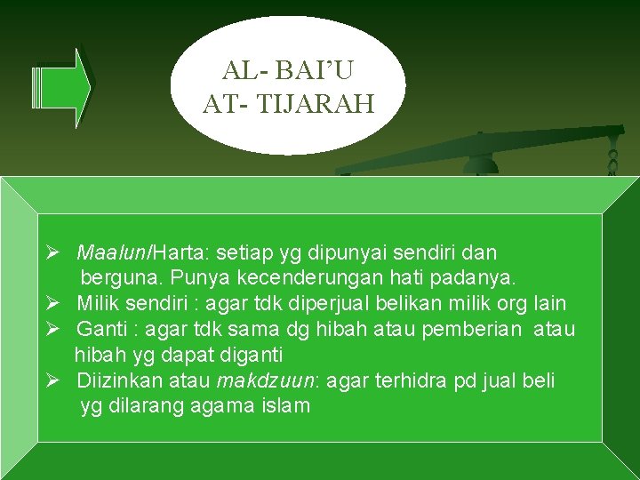 AL- BAI’U AT- TIJARAH Ø Maalun/Harta: setiap yg dipunyai sendiri dan berguna. Punya kecenderungan