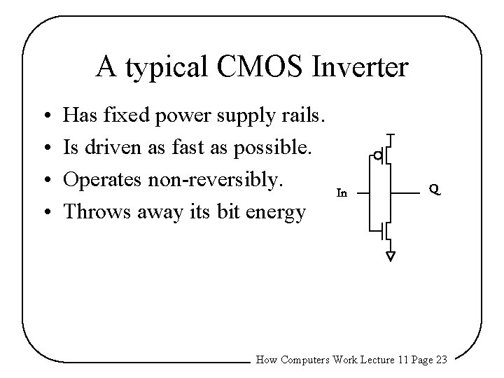 A typical CMOS Inverter • • Has fixed power supply rails. Is driven as