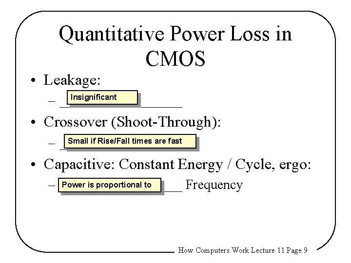 Quantitative Power Loss in CMOS • Leakage: Insignificant – _________ • Crossover (Shoot-Through): Small