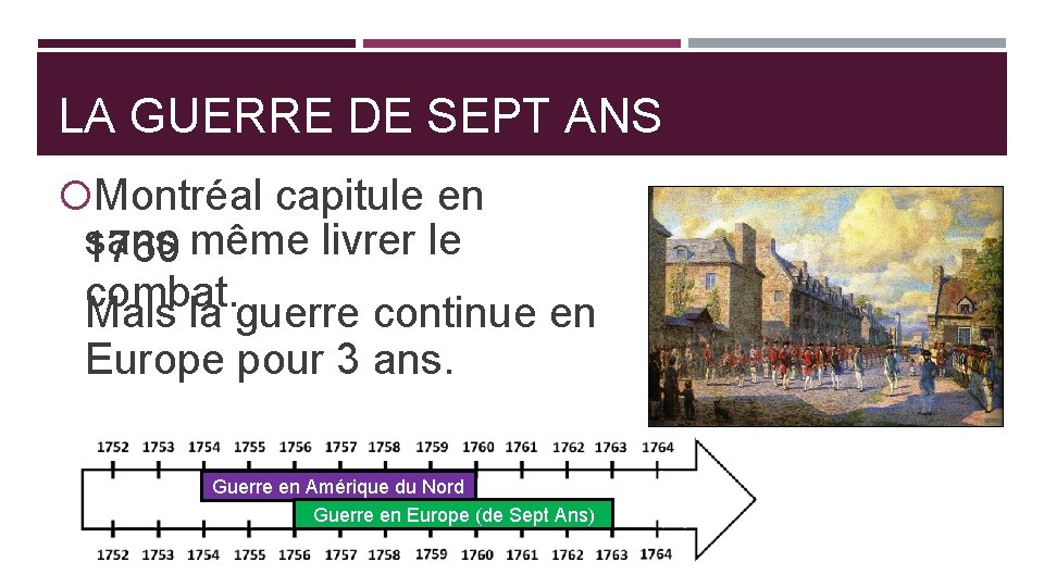 LA GUERRE DE SEPT ANS Montréal capitule en sans même livrer le 1760 combat.