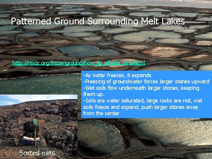 Patterned Ground Surrounding Melt Lakes http: //nsidc. org/frozenground/how_fg_affects_land. html • As water freezes, it