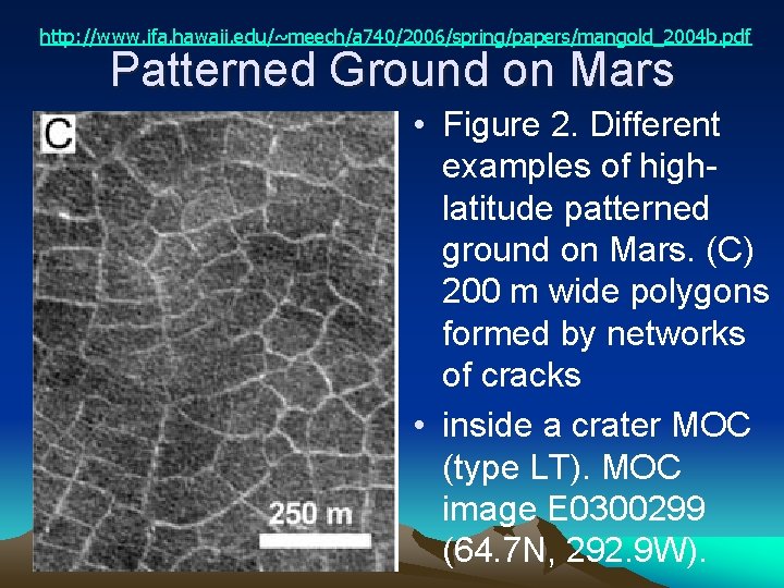 http: //www. ifa. hawaii. edu/~meech/a 740/2006/spring/papers/mangold_2004 b. pdf Patterned Ground on Mars • Figure