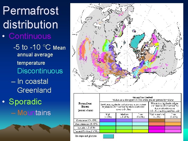 Permafrost distribution • Continuous -5 to -10 °C Mean annual average temperature Discontinuous –