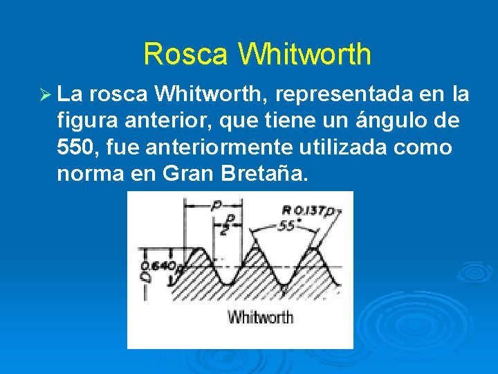 Rosca Whitworth Ø La rosca Whitworth, representada en la figura anterior, que tiene un