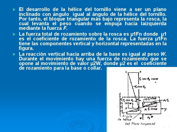 El desarrollo de Ia hélice del tornillo viene a ser un plano inclinado con