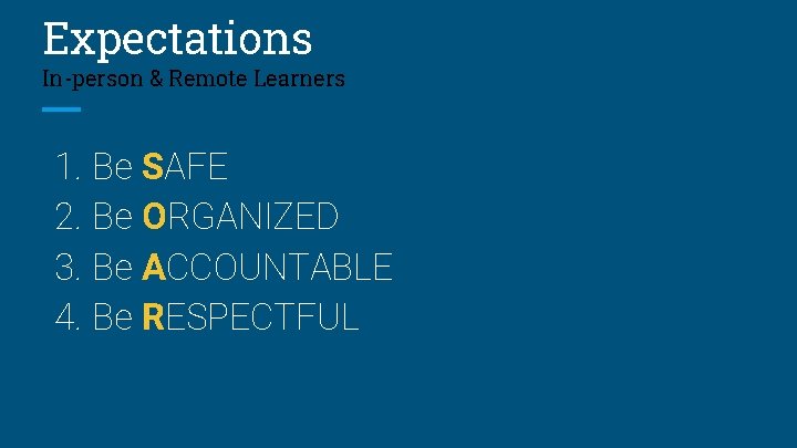 Expectations In-person & Remote Learners 1. Be SAFE 2. Be ORGANIZED 3. Be ACCOUNTABLE