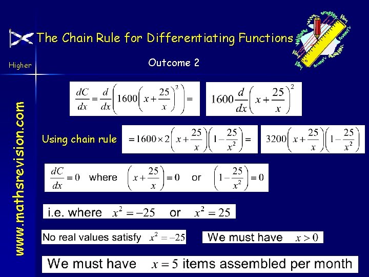 The Chain Rule for Differentiating Functions Outcome 2 www. mathsrevision. com Higher Using chain