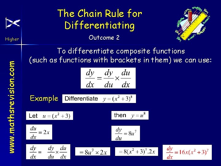 The Chain Rule for Differentiating Outcome 2 www. mathsrevision. com Higher To differentiate composite