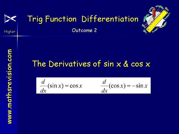 Trig Function Differentiation www. mathsrevision. com Higher Outcome 2 The Derivatives of sin x