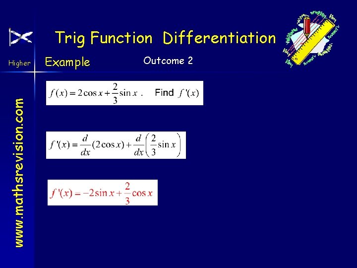 Trig Function Differentiation www. mathsrevision. com Higher Example Outcome 2 