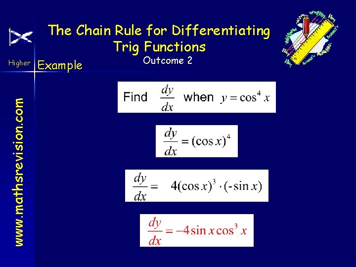 The Chain Rule for Differentiating Trig Functions www. mathsrevision. com Higher Example Outcome 2