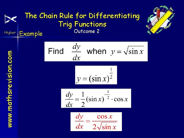 The Chain Rule for Differentiating Trig Functions www. mathsrevision. com Higher Example Outcome 2