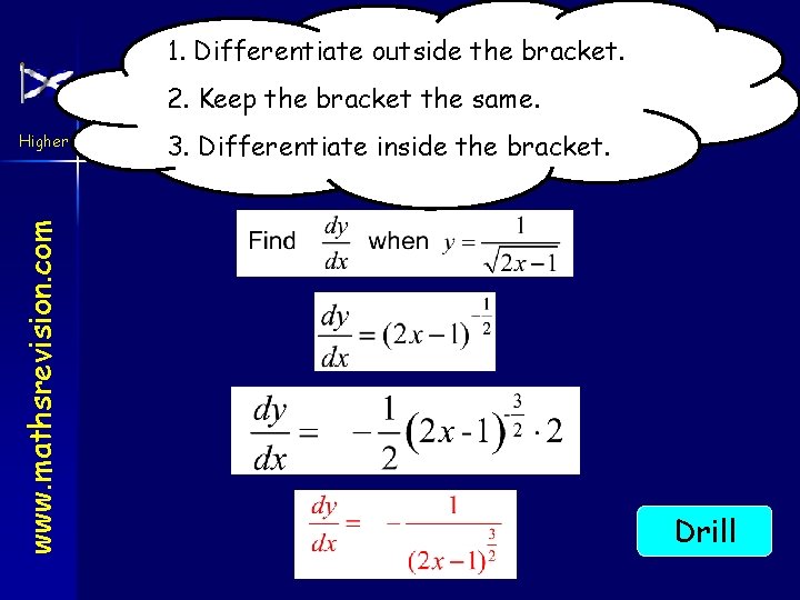 1. Differentiate outside the bracket. The Chain Rule for Differentiating 2. Keep the bracket
