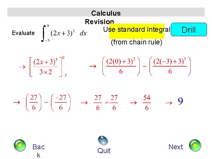 Evaluate Calculus Revision Use standard Integral Drill (from chain rule) Bac k Quit Next