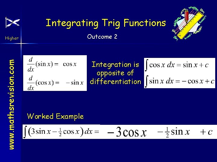 Integrating Trig Functions Outcome 2 www. mathsrevision. com Higher Integration is opposite of differentiation