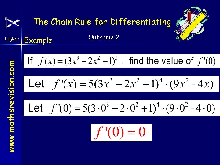 The Chain Rule for Differentiating www. mathsrevision. com Higher Example Outcome 2 