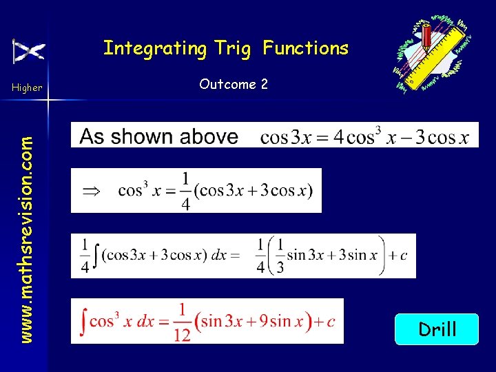 Integrating Trig Functions www. mathsrevision. com Higher Outcome 2 Drill 