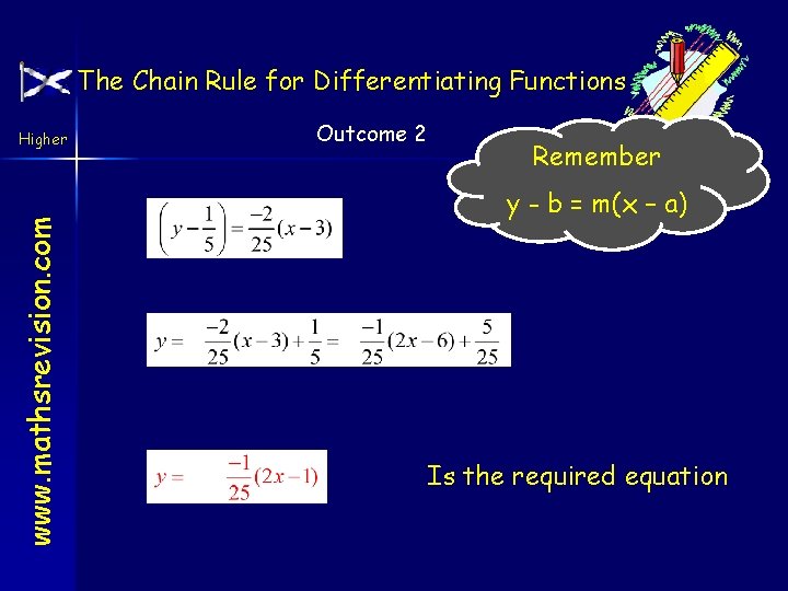The Chain Rule for Differentiating Functions www. mathsrevision. com Higher Outcome 2 Remember y
