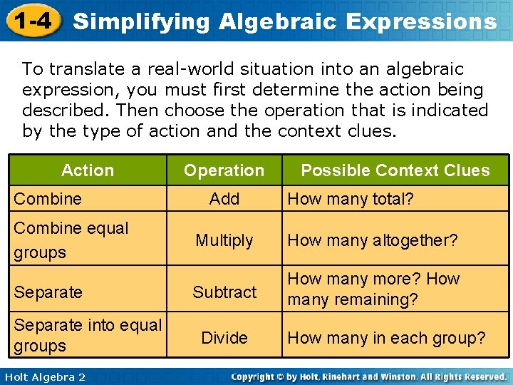 1 -4 Simplifying Algebraic Expressions To translate a real-world situation into an algebraic expression,
