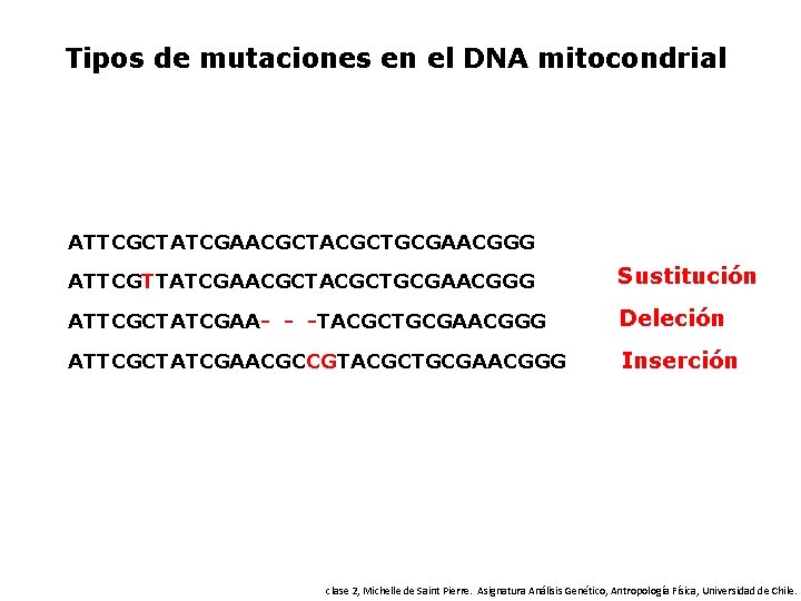 Tipos de mutaciones en el DNA mitocondrial ATTCGCTATCGAACGCTGCGAACGGG ATTCGTTATCGAACGCTGCGAACGGG Sustitución ATTCGCTATCGAA- - -TACGCTGCGAACGGG Deleción