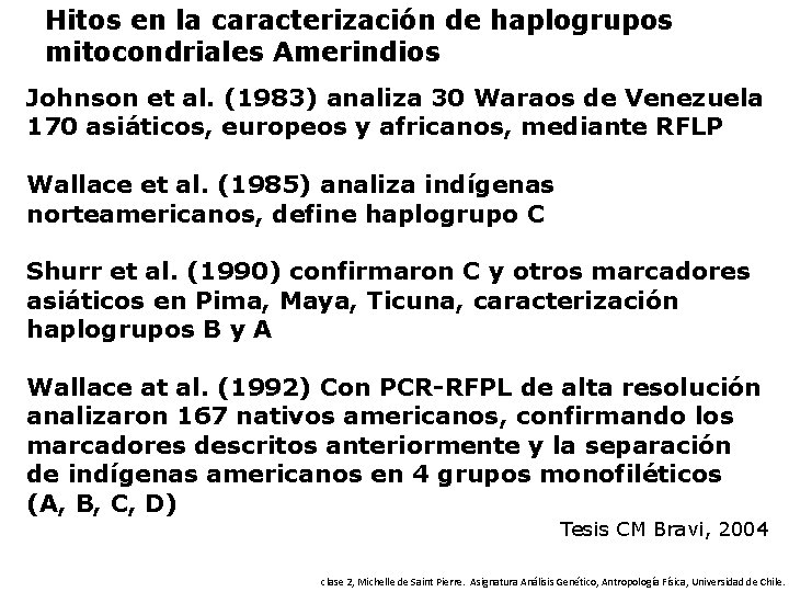 Hitos en la caracterización de haplogrupos mitocondriales Amerindios Johnson et al. (1983) analiza 30