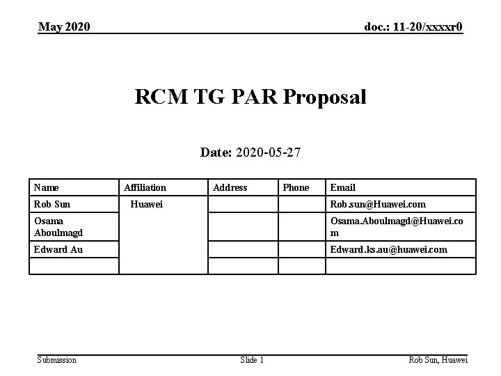 May 2020 doc. : 11 -20/xxxxr 0 RCM TG PAR Proposal Date: 2020 -05