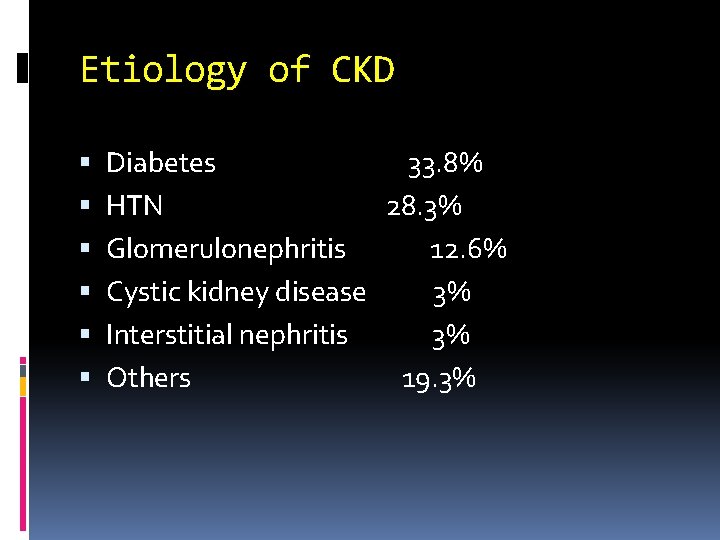 Etiology of CKD Diabetes 33. 8% HTN 28. 3% Glomerulonephritis 12. 6% Cystic kidney