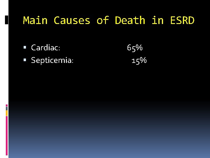 Main Causes of Death in ESRD Cardiac: Septicemia: 65% 15% 