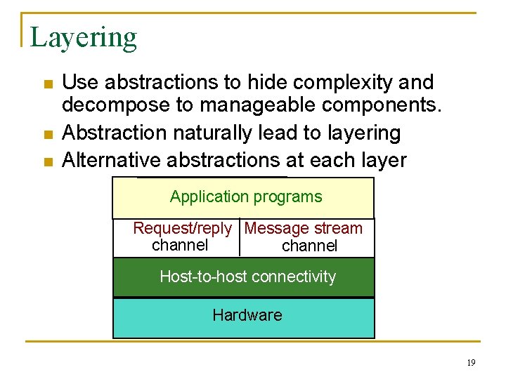 Layering n n n Use abstractions to hide complexity and decompose to manageable components.