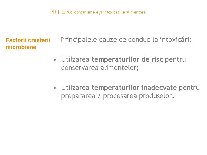 11| 32 Microorganismele și intoxicaţiile alimentare Factorii creșterii microbiene Principalele cauze ce conduc la