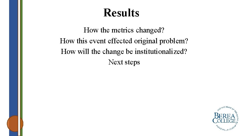 Results How the metrics changed? How this event effected original problem? How will the