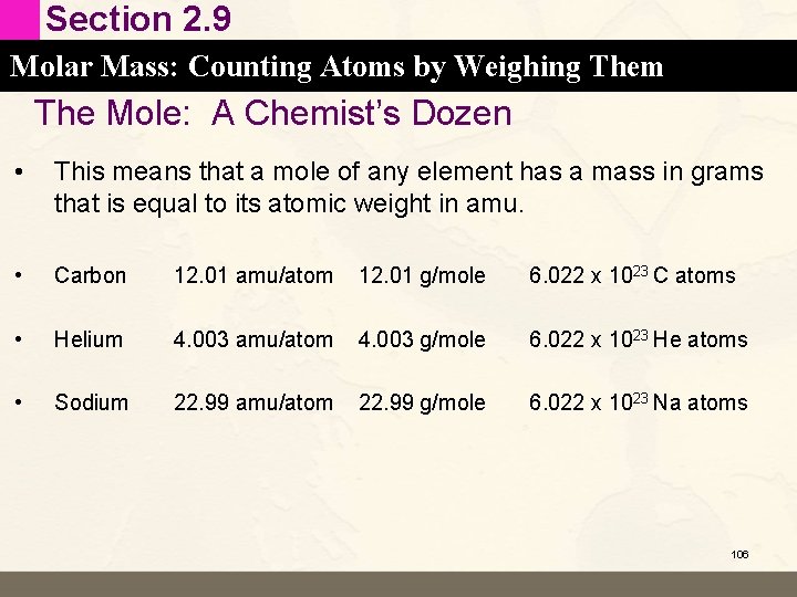Section 2. 9 Molar Mass: Counting Atoms by Weighing Them The Mole: A Chemist’s