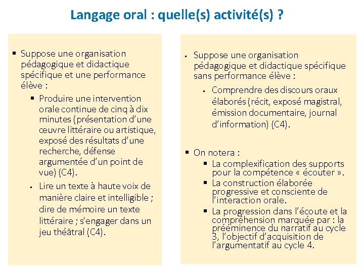 Langage oral : quelle(s) activité(s) ? § Suppose une organisation pédagogique et didactique spécifique