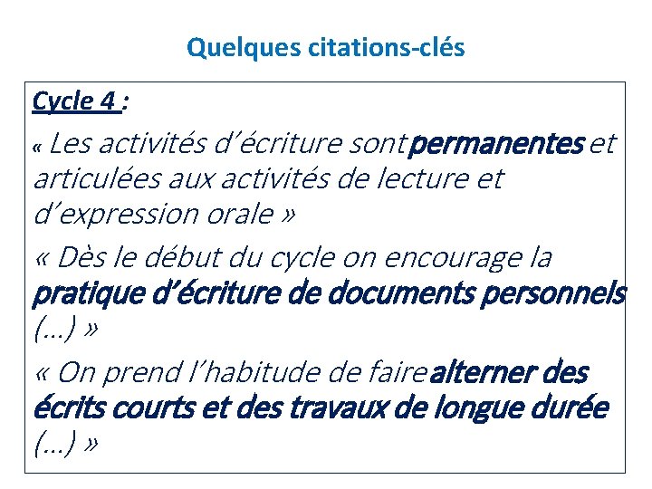 Quelques citations-clés Cycle 4 : Les activités d’écriture sont permanentes et articulées aux activités