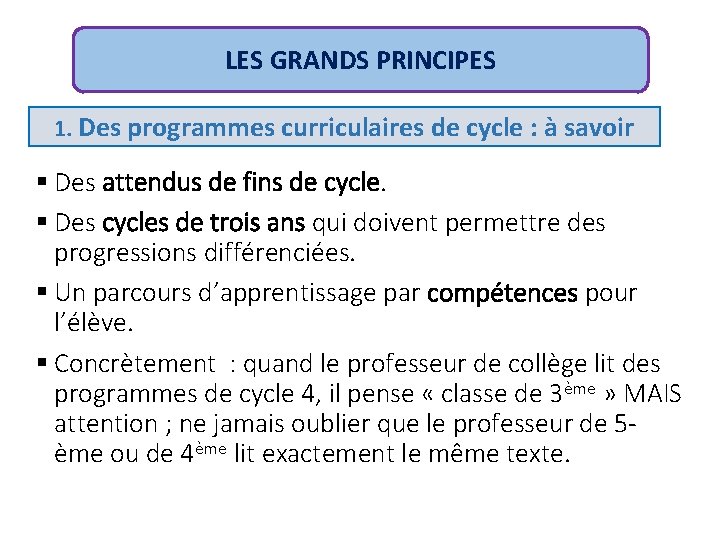 LES GRANDS PRINCIPES 1. Des programmes curriculaires de cycle : à savoir § Des