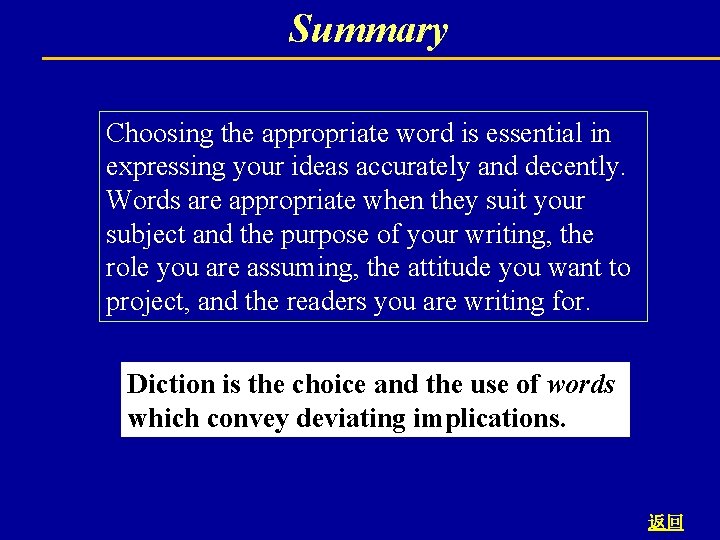 Summary Choosing the appropriate word is essential in expressing your ideas accurately and decently. Summary Choosing the appropriate word is essential in expressing your ideas accurately and decently.