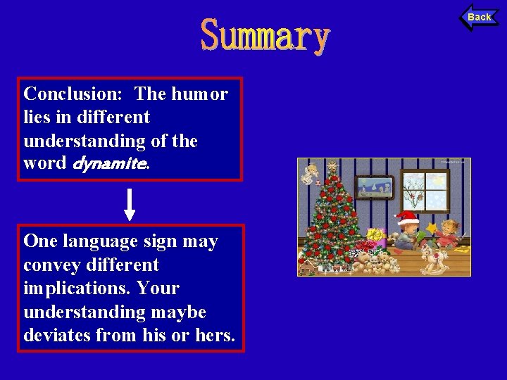 Back Conclusion: The humor lies in different understanding of the word dynamite. One language
