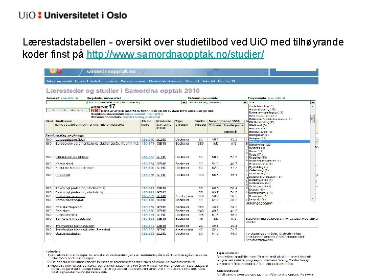 Lærestadstabellen - oversikt over studietilbod ved Ui. O med tilhøyrande koder finst på http: