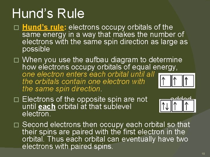 Hund’s Rule Hund’s rule: electrons occupy orbitals of the same energy in a way