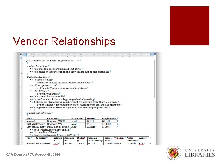 Vendor Relationships SAA Session 707, August 16, 2014 