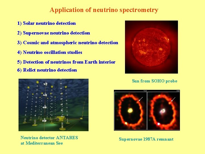 Application of neutrino spectrometry 1) Solar neutrino detection 2) Supernovae neutrino detection 3) Cosmic
