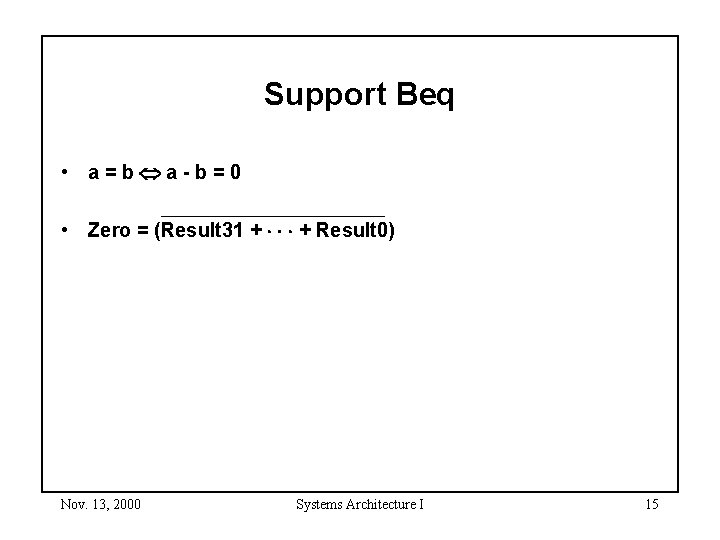 Support Beq • a=b a-b=0 • Zero = (Result 31 + + Result 0)