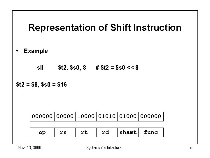 Representation of Shift Instruction • Example sll $t 2, $s 0, 8 # $t
