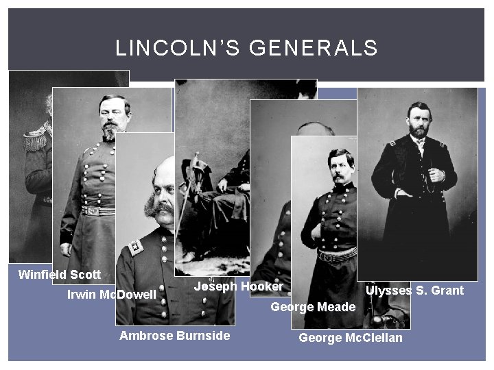 LINCOLN’S GENERALS Winfield Scott Irwin Mc. Dowell Joseph Hooker Ambrose Burnside Ulysses S. Grant