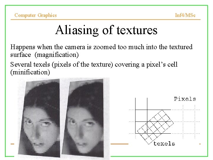 Computer Graphics Inf 4/MSc Aliasing of textures Happens when the camera is zoomed too